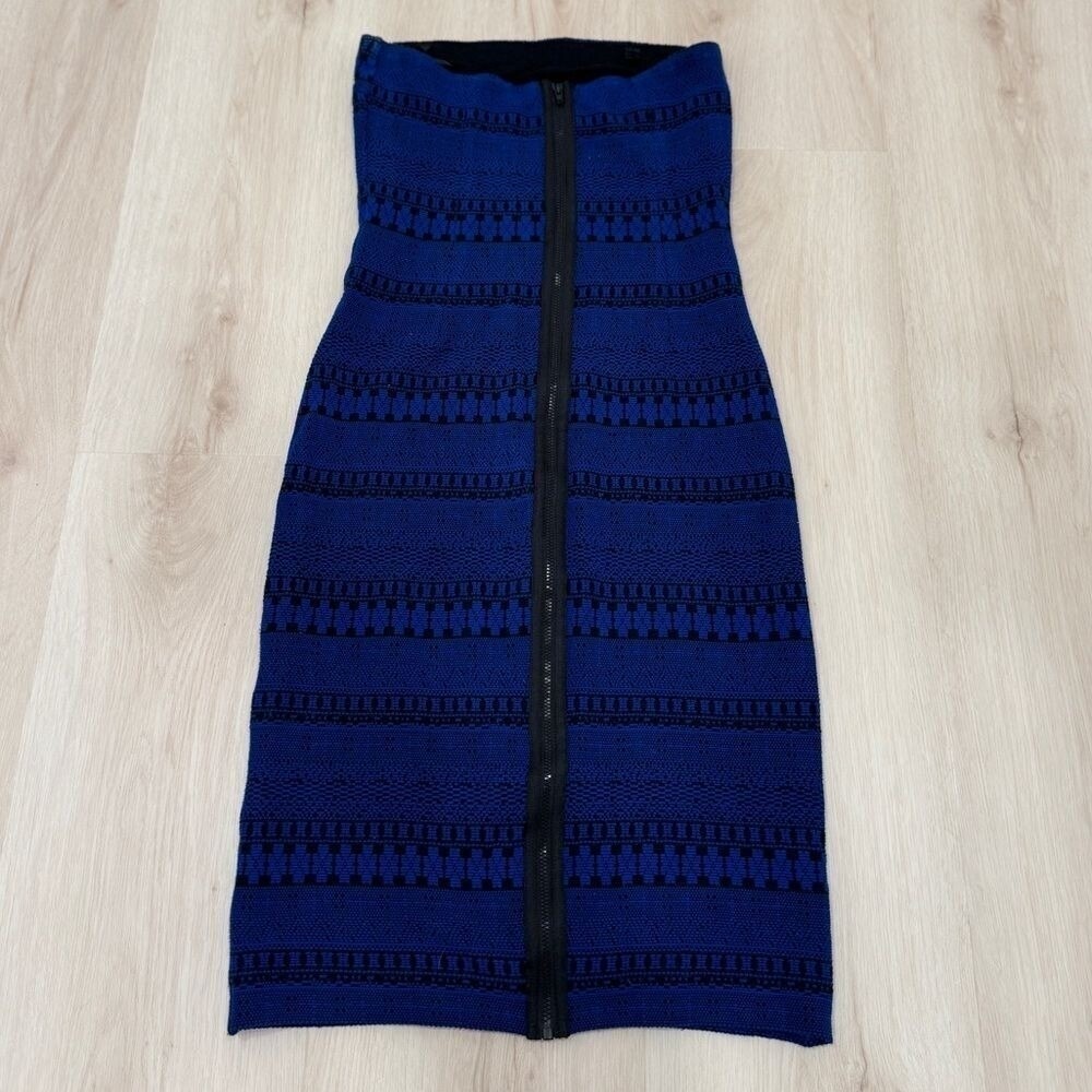 bebe Womens Strapless Bodycon Mini‎ Dress Royal Blue Geometric Knit XS Full Zip - Picture 5 of 16